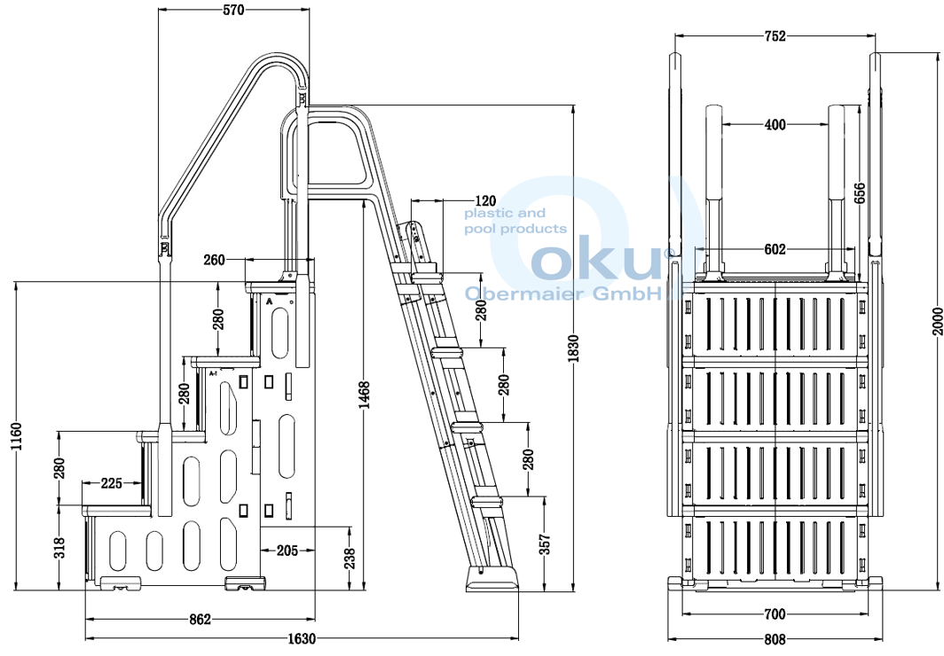 OKU Pooltreppe 4-Stufig aus Kunststoff mit 5-Stufiger Leiter für Aufstellpools